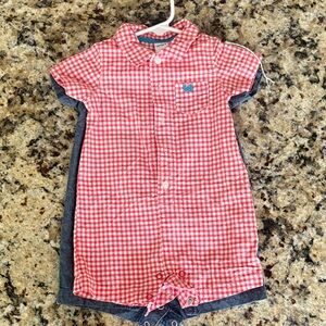 Two Pack Red and Denim Gingham Toddler Romper